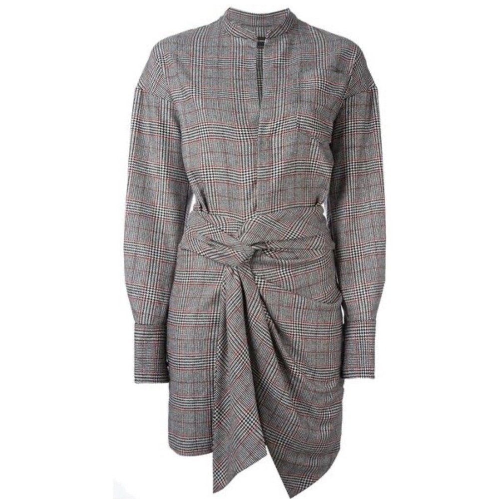 Isabel Marant Gray Plaid Long Sleeve Knot-Waist Dress